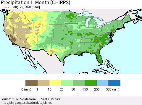 United States Precipitation 1-Month (CHIRPS) Thematic Map For 7/21/2020 - 8/20/2020