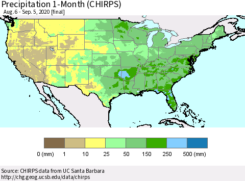 United States Precipitation 1-Month (CHIRPS) Thematic Map For 8/6/2020 - 9/5/2020