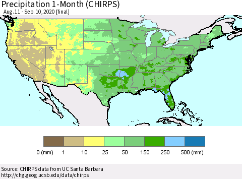 United States Precipitation 1-Month (CHIRPS) Thematic Map For 8/11/2020 - 9/10/2020