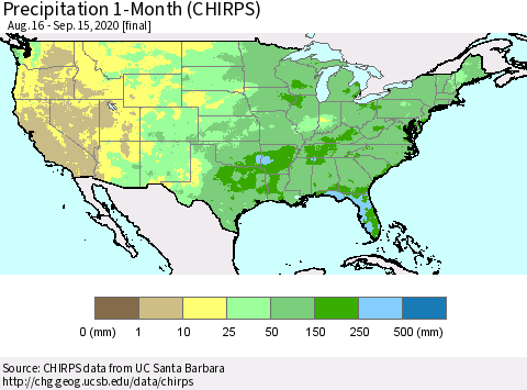 United States Precipitation 1-Month (CHIRPS) Thematic Map For 8/16/2020 - 9/15/2020