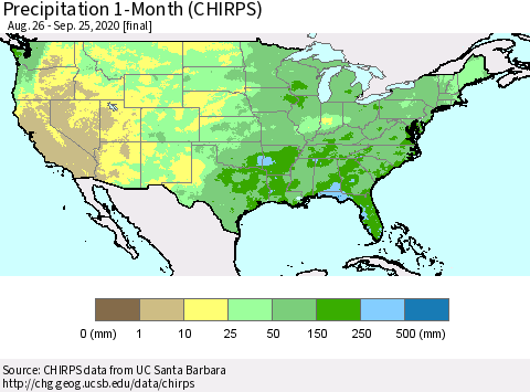 United States Precipitation 1-Month (CHIRPS) Thematic Map For 8/26/2020 - 9/25/2020