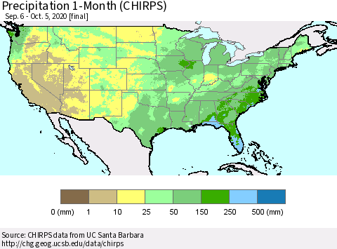 United States Precipitation 1-Month (CHIRPS) Thematic Map For 9/6/2020 - 10/5/2020