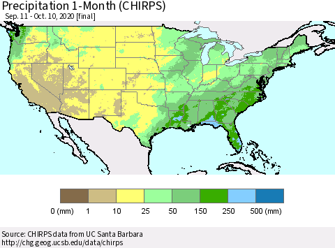 United States Precipitation 1-Month (CHIRPS) Thematic Map For 9/11/2020 - 10/10/2020