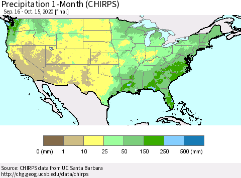 United States Precipitation 1-Month (CHIRPS) Thematic Map For 9/16/2020 - 10/15/2020