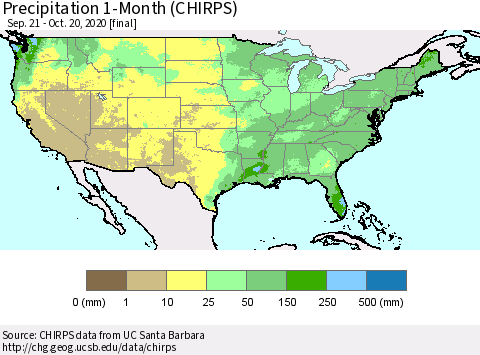 United States Precipitation 1-Month (CHIRPS) Thematic Map For 9/21/2020 - 10/20/2020