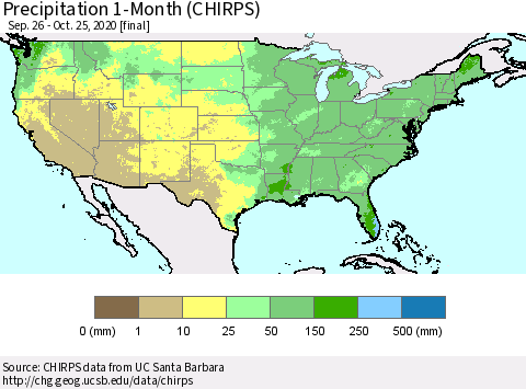 United States Precipitation 1-Month (CHIRPS) Thematic Map For 9/26/2020 - 10/25/2020