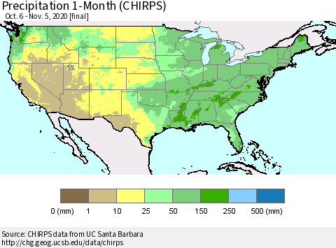 United States Precipitation 1-Month (CHIRPS) Thematic Map For 10/6/2020 - 11/5/2020