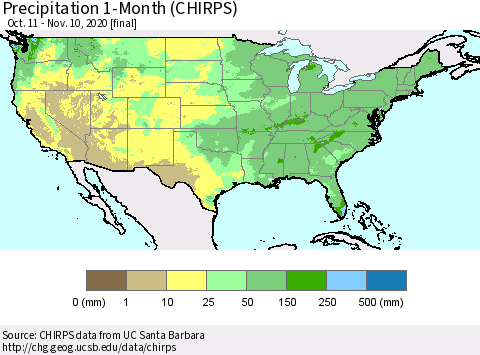 United States Precipitation 1-Month (CHIRPS) Thematic Map For 10/11/2020 - 11/10/2020