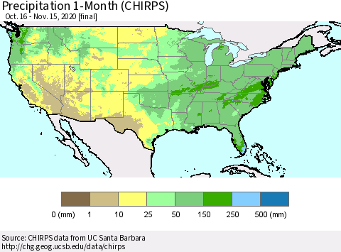 United States Precipitation 1-Month (CHIRPS) Thematic Map For 10/16/2020 - 11/15/2020