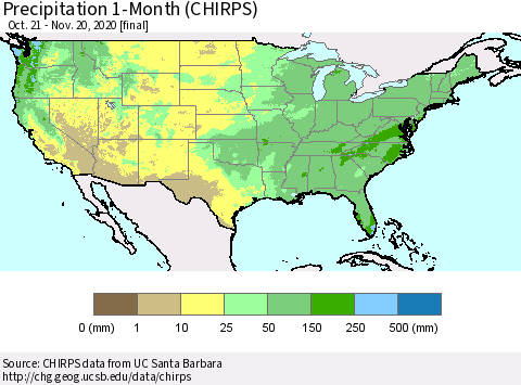 United States Precipitation 1-Month (CHIRPS) Thematic Map For 10/21/2020 - 11/20/2020