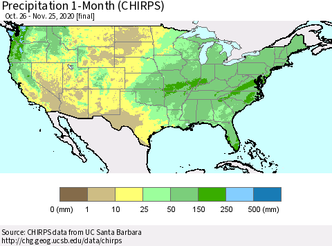 United States Precipitation 1-Month (CHIRPS) Thematic Map For 10/26/2020 - 11/25/2020