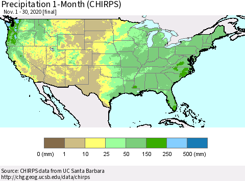 United States Precipitation 1-Month (CHIRPS) Thematic Map For 11/1/2020 - 11/30/2020