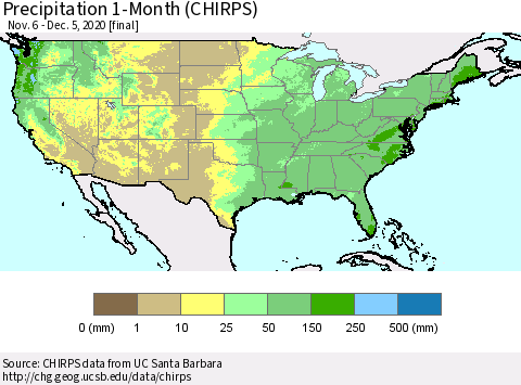 United States Precipitation 1-Month (CHIRPS) Thematic Map For 11/6/2020 - 12/5/2020