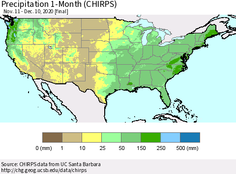 United States Precipitation 1-Month (CHIRPS) Thematic Map For 11/11/2020 - 12/10/2020