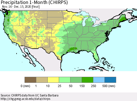 United States Precipitation 1-Month (CHIRPS) Thematic Map For 11/16/2020 - 12/15/2020