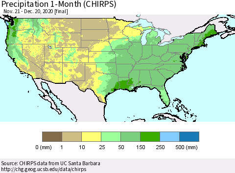 United States Precipitation 1-Month (CHIRPS) Thematic Map For 11/21/2020 - 12/20/2020