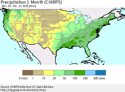 United States Precipitation 1-Month (CHIRPS) Thematic Map For 11/26/2020 - 12/25/2020