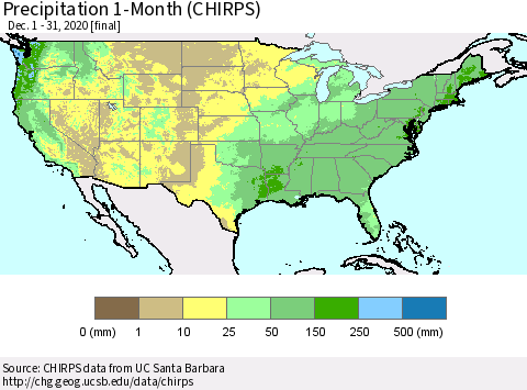 United States Precipitation 1-Month (CHIRPS) Thematic Map For 12/1/2020 - 12/31/2020