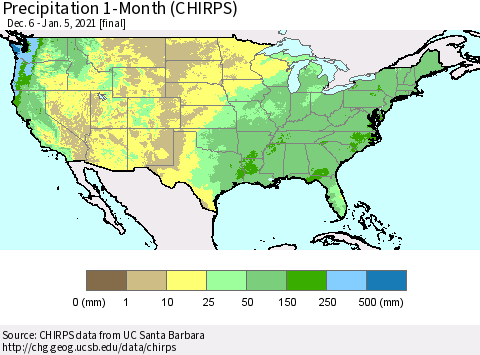 United States Precipitation 1-Month (CHIRPS) Thematic Map For 12/6/2020 - 1/5/2021