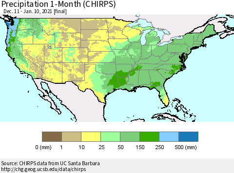 United States Precipitation 1-Month (CHIRPS) Thematic Map For 12/11/2020 - 1/10/2021