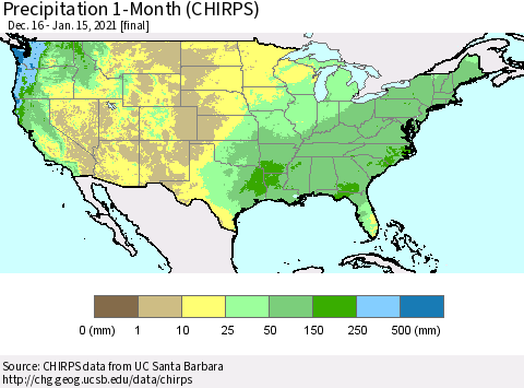 United States Precipitation 1-Month (CHIRPS) Thematic Map For 12/16/2020 - 1/15/2021