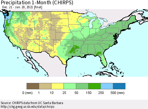 United States Precipitation 1-Month (CHIRPS) Thematic Map For 12/21/2020 - 1/20/2021