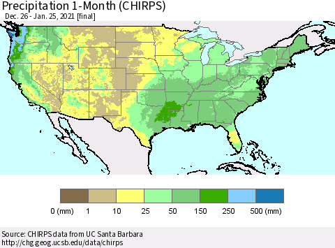 United States Precipitation 1-Month (CHIRPS) Thematic Map For 12/26/2020 - 1/25/2021