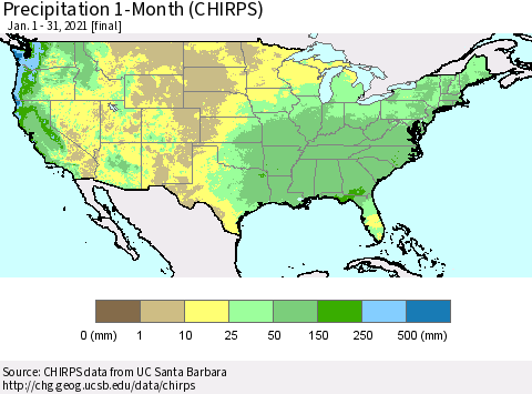 United States Precipitation 1-Month (CHIRPS) Thematic Map For 1/1/2021 - 1/31/2021