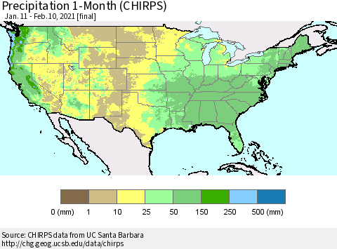 United States Precipitation 1-Month (CHIRPS) Thematic Map For 1/11/2021 - 2/10/2021