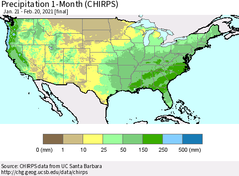 United States Precipitation 1-Month (CHIRPS) Thematic Map For 1/21/2021 - 2/20/2021