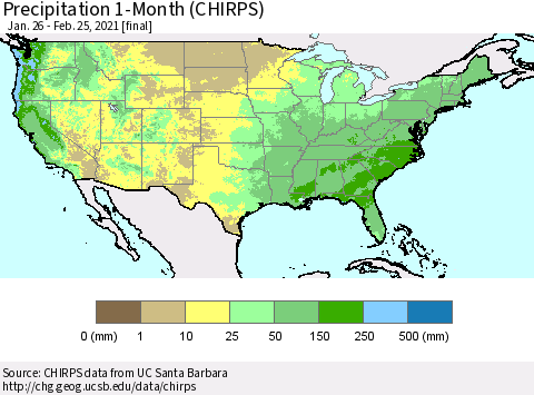 United States Precipitation 1-Month (CHIRPS) Thematic Map For 1/26/2021 - 2/25/2021