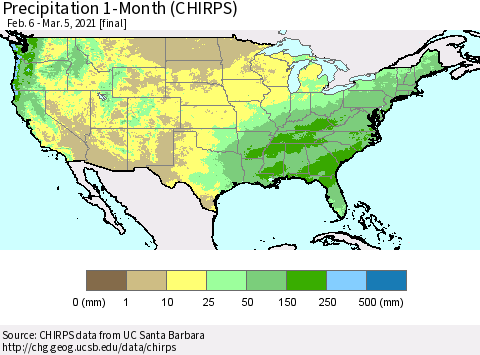 United States Precipitation 1-Month (CHIRPS) Thematic Map For 2/6/2021 - 3/5/2021
