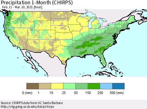 United States Precipitation 1-Month (CHIRPS) Thematic Map For 2/11/2021 - 3/10/2021