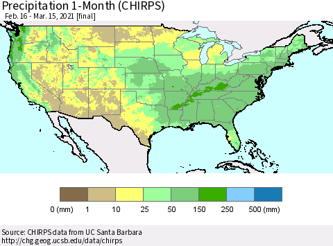 United States Precipitation 1-Month (CHIRPS) Thematic Map For 2/16/2021 - 3/15/2021