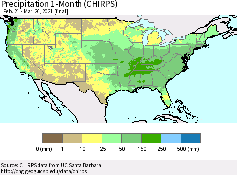 United States Precipitation 1-Month (CHIRPS) Thematic Map For 2/21/2021 - 3/20/2021
