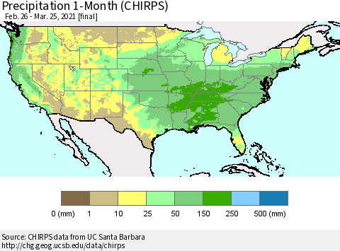 United States Precipitation 1-Month (CHIRPS) Thematic Map For 2/26/2021 - 3/25/2021