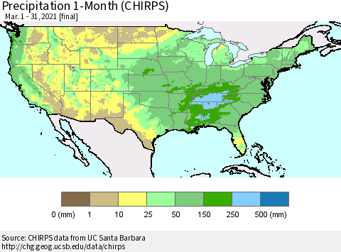 United States Precipitation 1-Month (CHIRPS) Thematic Map For 3/1/2021 - 3/31/2021