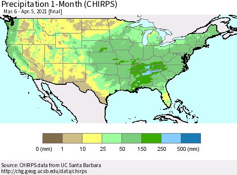 United States Precipitation 1-Month (CHIRPS) Thematic Map For 3/6/2021 - 4/5/2021