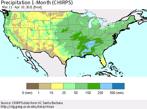 United States Precipitation 1-Month (CHIRPS) Thematic Map For 3/11/2021 - 4/10/2021