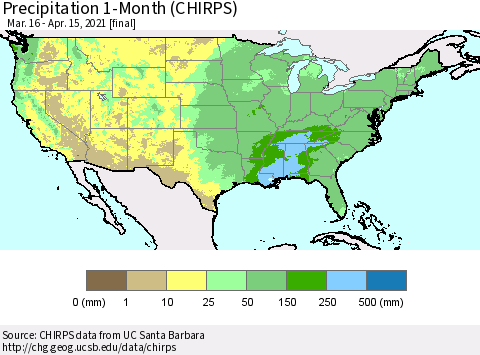 United States Precipitation 1-Month (CHIRPS) Thematic Map For 3/16/2021 - 4/15/2021