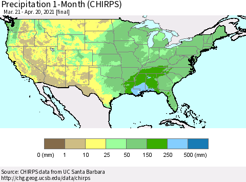 United States Precipitation 1-Month (CHIRPS) Thematic Map For 3/21/2021 - 4/20/2021