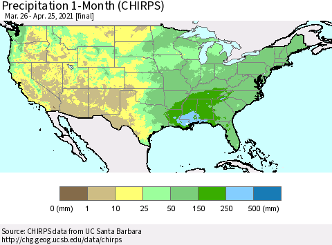 United States Precipitation 1-Month (CHIRPS) Thematic Map For 3/26/2021 - 4/25/2021