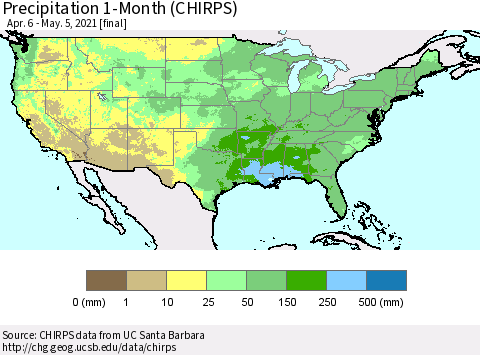 United States Precipitation 1-Month (CHIRPS) Thematic Map For 4/6/2021 - 5/5/2021