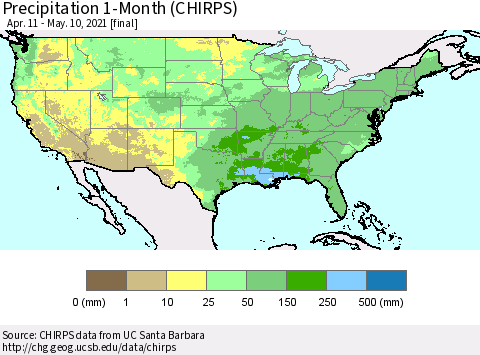 United States Precipitation 1-Month (CHIRPS) Thematic Map For 4/11/2021 - 5/10/2021