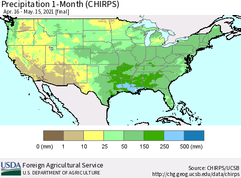 United States Precipitation 1-Month (CHIRPS) Thematic Map For 4/16/2021 - 5/15/2021