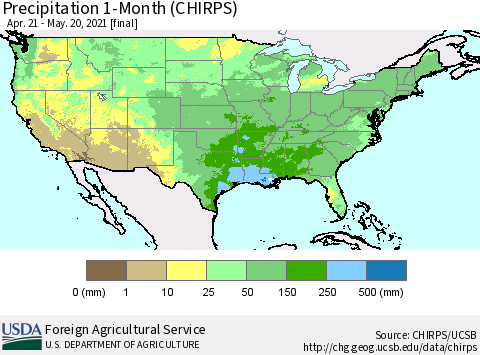 United States Precipitation 1-Month (CHIRPS) Thematic Map For 4/21/2021 - 5/20/2021