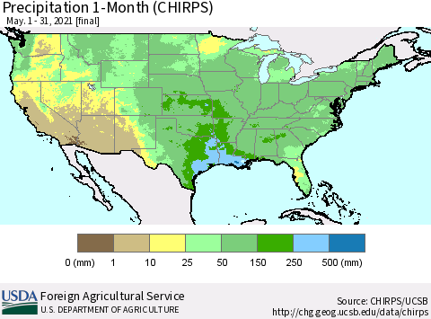 United States Precipitation 1-Month (CHIRPS) Thematic Map For 5/1/2021 - 5/31/2021