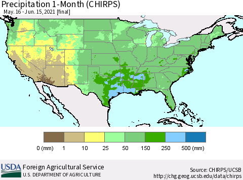 United States Precipitation 1-Month (CHIRPS) Thematic Map For 5/16/2021 - 6/15/2021