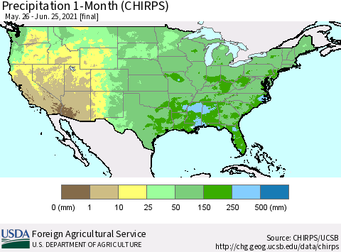 United States Precipitation 1-Month (CHIRPS) Thematic Map For 5/26/2021 - 6/25/2021