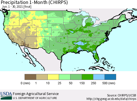 United States Precipitation 1-Month (CHIRPS) Thematic Map For 6/1/2021 - 6/30/2021